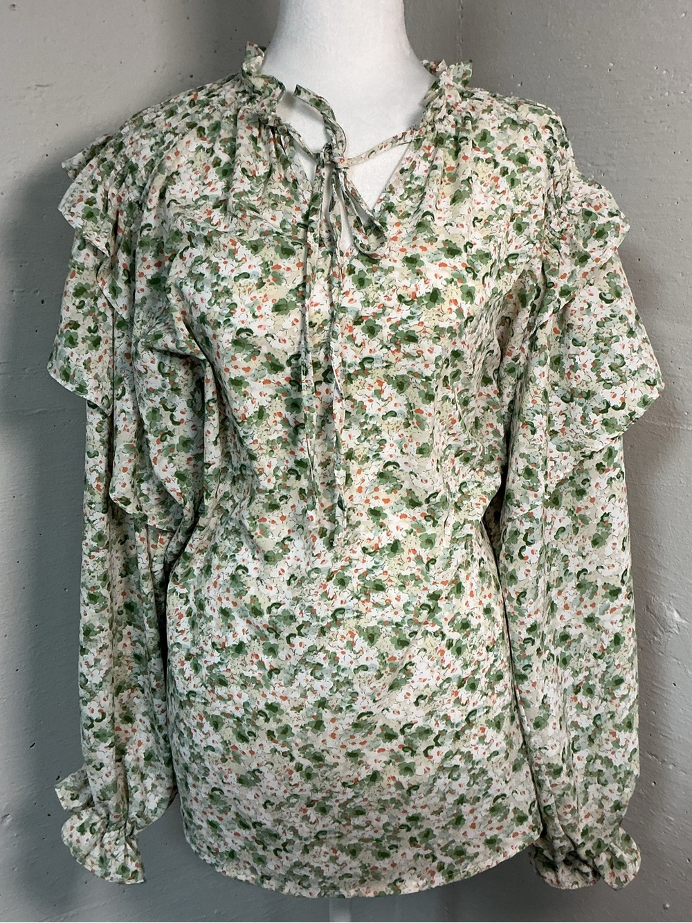 American Living Green and White Floral Tie-Neck Ruffle Blouse